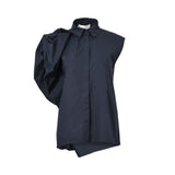 Front studio shot of a navy blue Meimeij blouse featuring a sharp collar, hidden button placket, and a dramatic, voluminous gathered puff sleeve on one side.