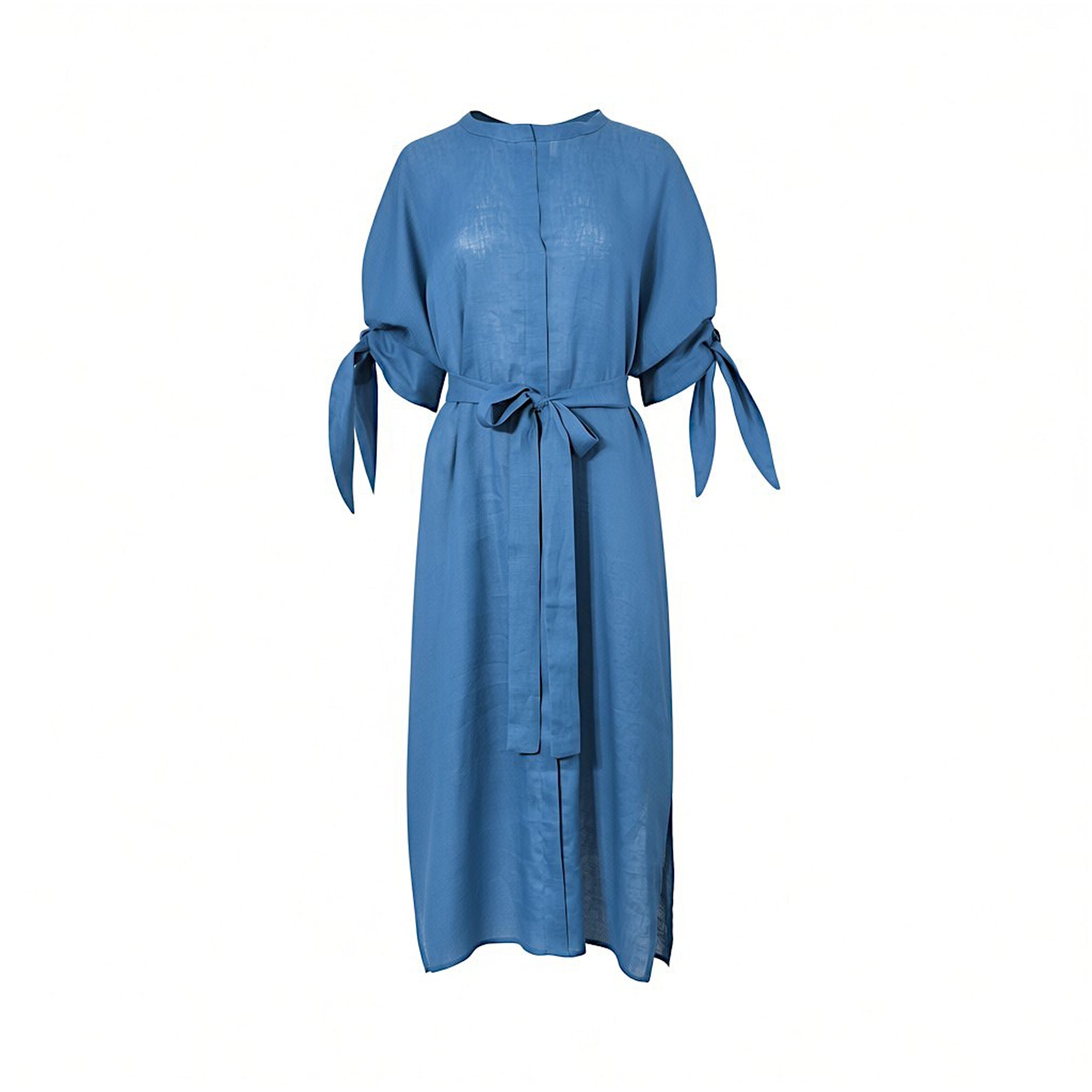 Front view of a cornflower blue Meimeij midi dress showcasing a band collar, matching fabric waist belt tied in a bow, and half-sleeves with distinct self-tie details against a white background.