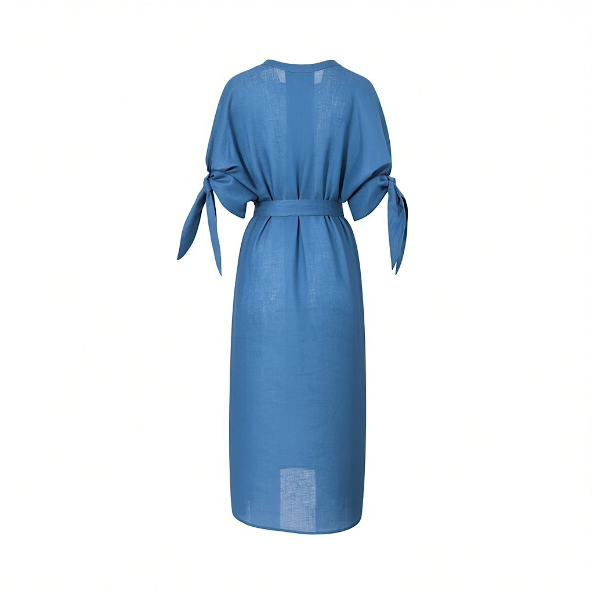 Rear view of the Meimeij blue woven midi dress highlighting the relaxed drape, dropped shoulder construction, and structural self-tie sleeve knots against a clean white background.