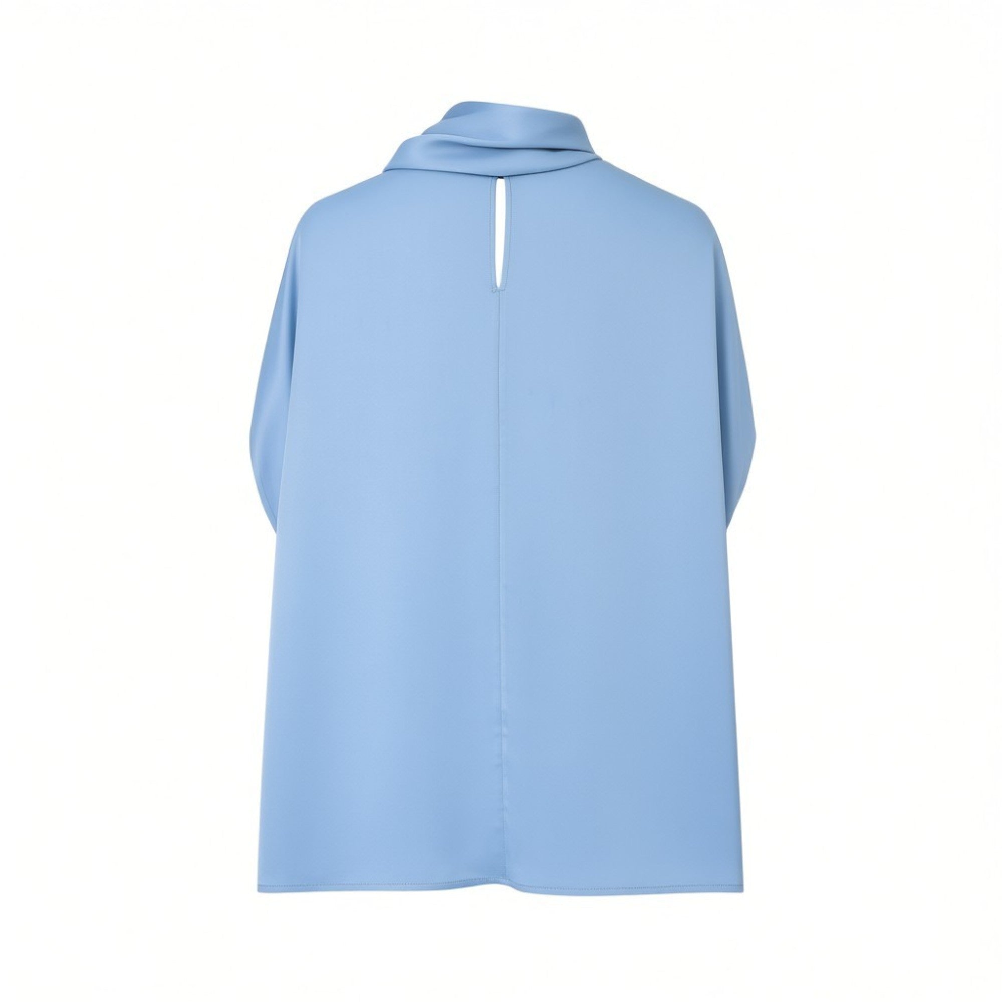 Back view of the Meimeij cornflower blue blouse showcasing the clean cape structure and the elegant vertical keyhole cutout at the neckline, available at BLUE SALON shop.