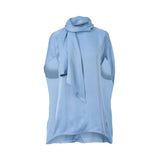 Front studio presentation of the Meimeij blue satin cape blouse highlighting its fluid drape, scarf detail, and asymmetrical high-low hem from BLUE SALON shop.