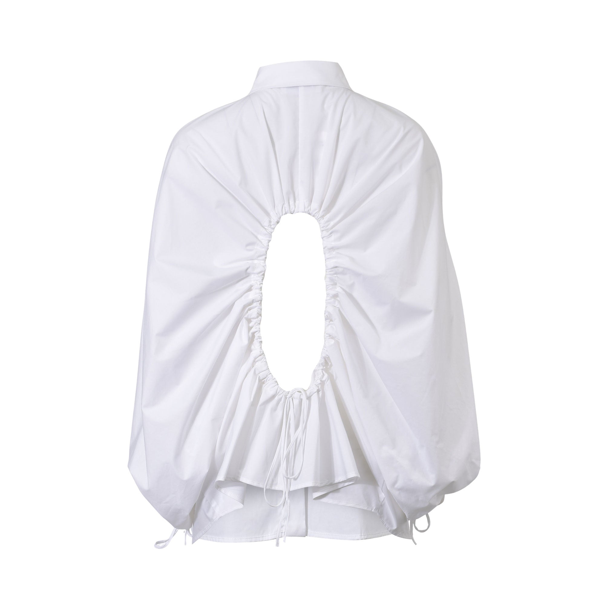 Rear studio presentation of the Meimeij white shirt, detailing the architectural open-back oval cutout, heavy surrounding pleats, and adjustable drawstring tie.