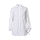 Front studio shot of the Meimeij women's crisp white tunic shirt, highlighting its classic point collar, hidden placket, and voluminous sleeves from BLUE SALON shop.