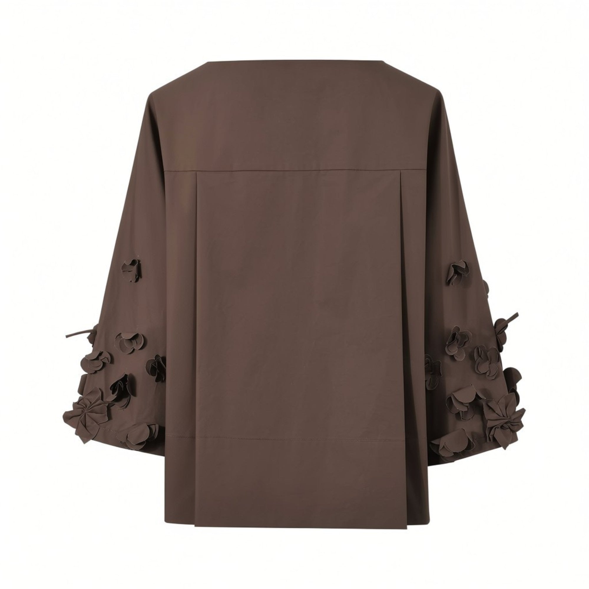 Back view of the Meimeij brown blouse showcasing the back yoke panel with a crisp inverted center pleat and dimensional sleeve details, available at BLUE SALON shop.