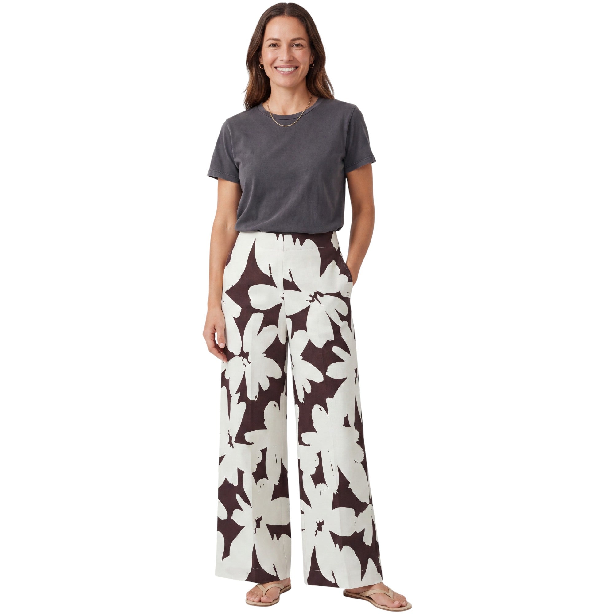 Meimeij Women's Floral Print Wide-Leg Trouser