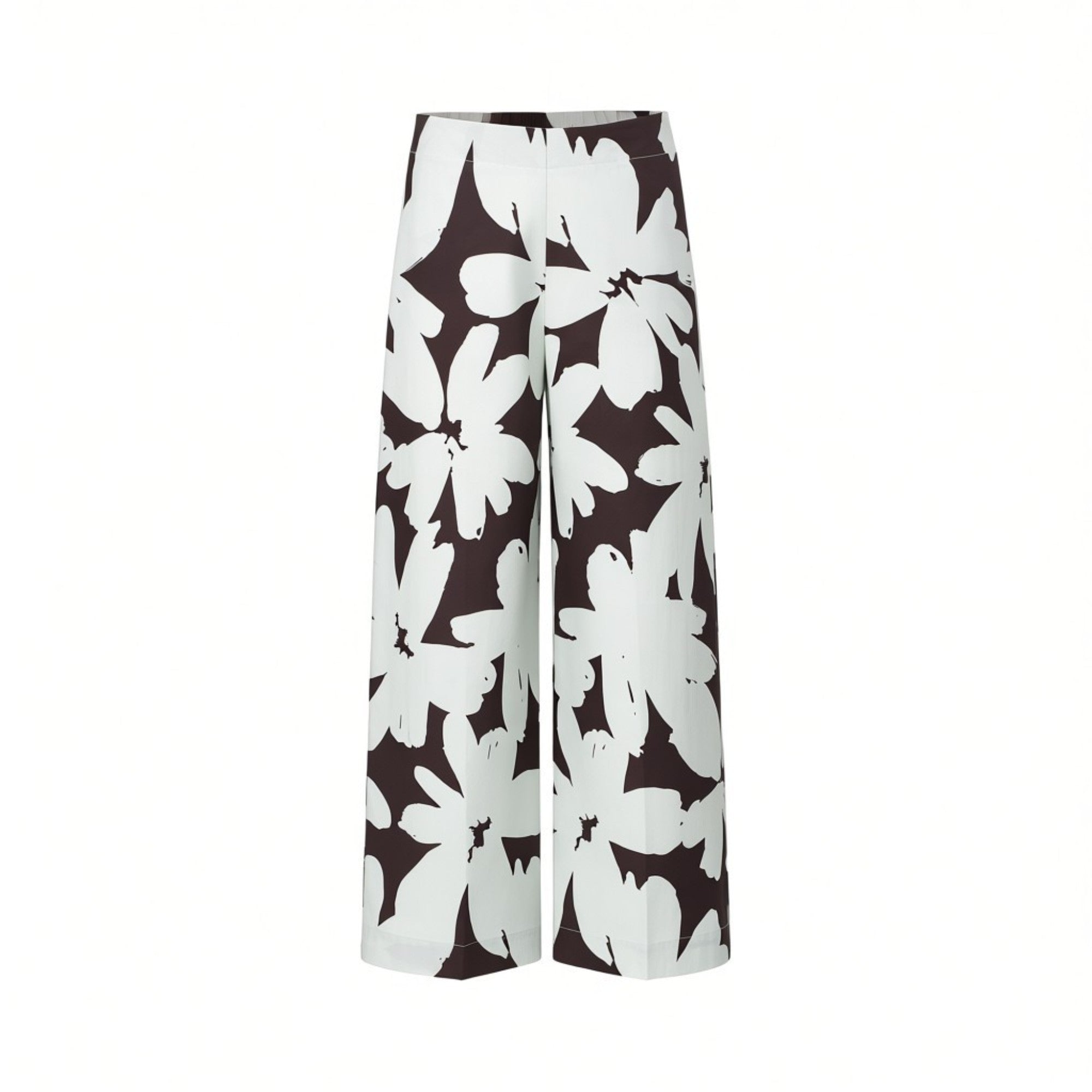 Front view of Meimeij high-waisted wide-leg trousers featuring a bold, oversized dark brown and white floral print and a clean flat-front waistband against a white background.