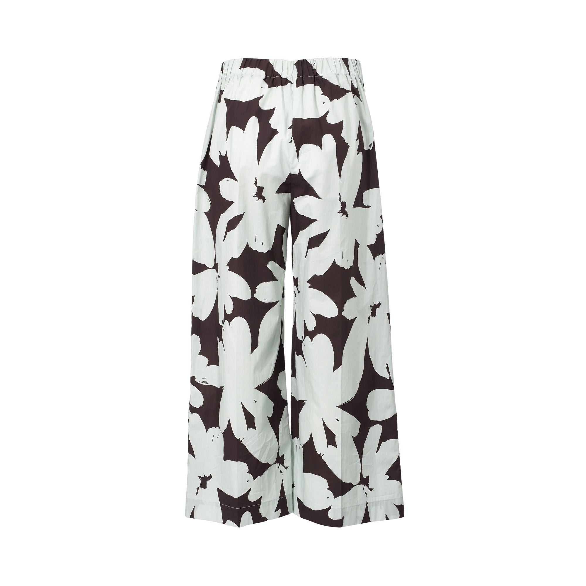 Rear view of Meimeij floral print wide-leg trousers highlighting the gathered elasticated back waistband and the continuous oversized graphic print against a clean white background.