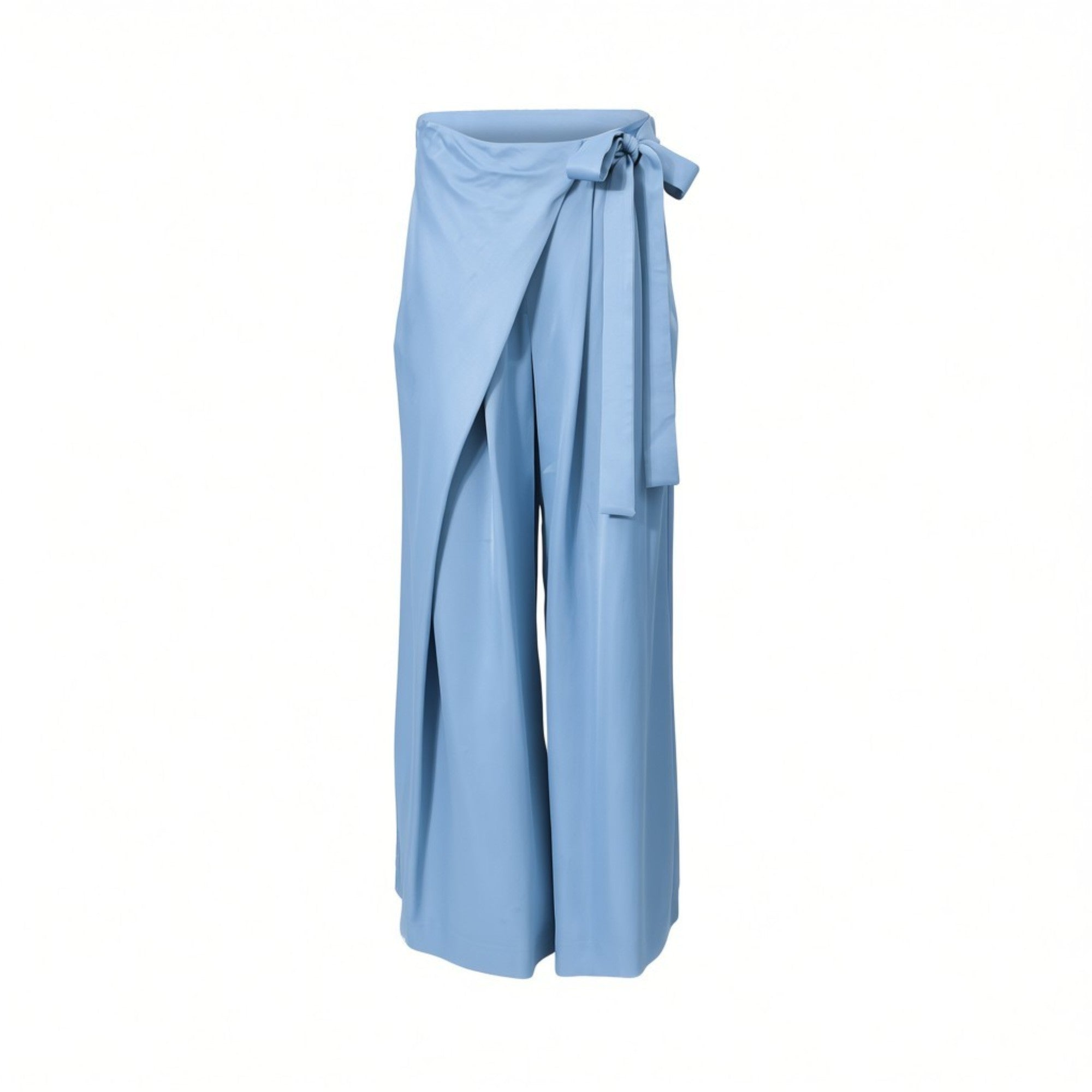 Three-quarter front view of Meimeij light blue wide-leg trousers showcasing a unique asymmetric front wrap panel tied into a delicate side bow at the waist against a white background.