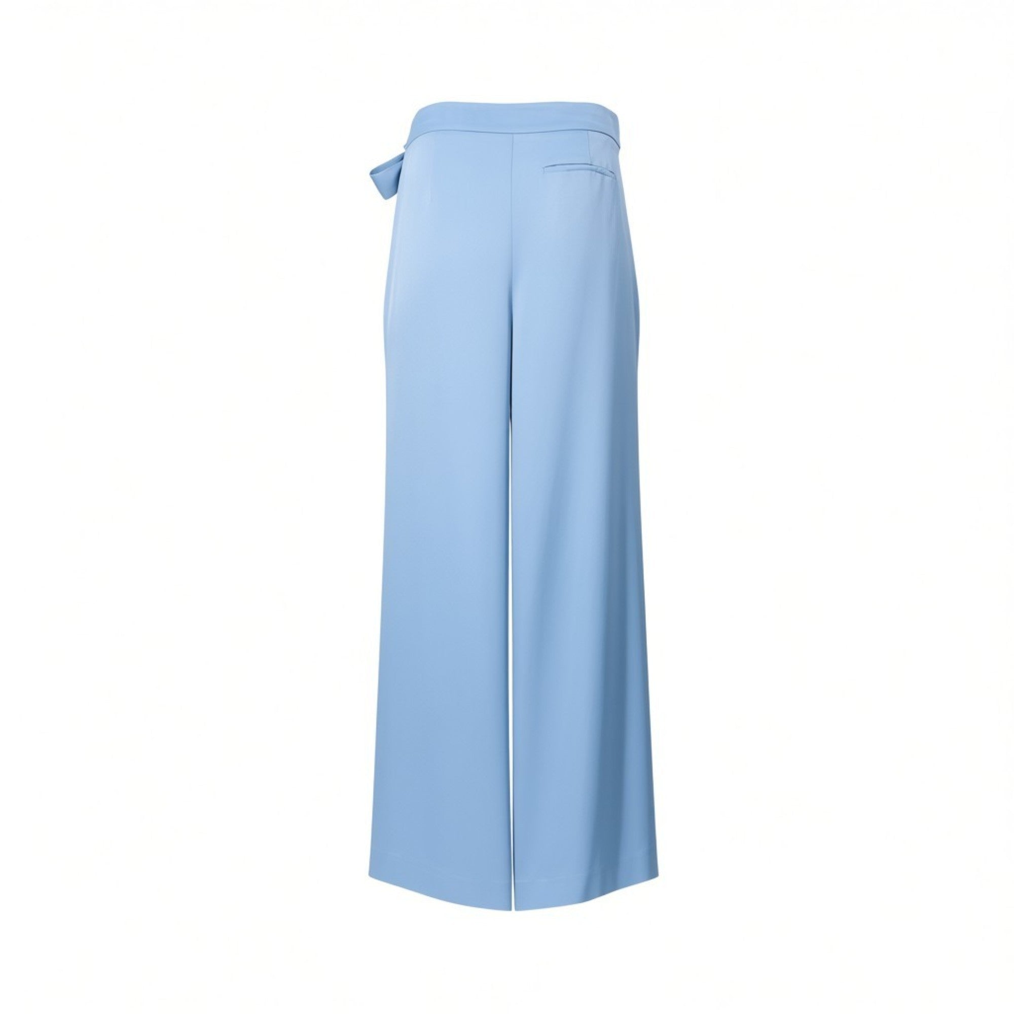 Rear view of Meimeij light blue wide-leg trousers highlighting the smooth fabric drape, tailored waistband construction, and a single right-side horizontal welt pocket against a clean white background.