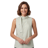 Front portrait of a smiling model wearing the Meimeij sleeveless high-neck blouse in mint green, showcasing its structured drape and tailored collar.