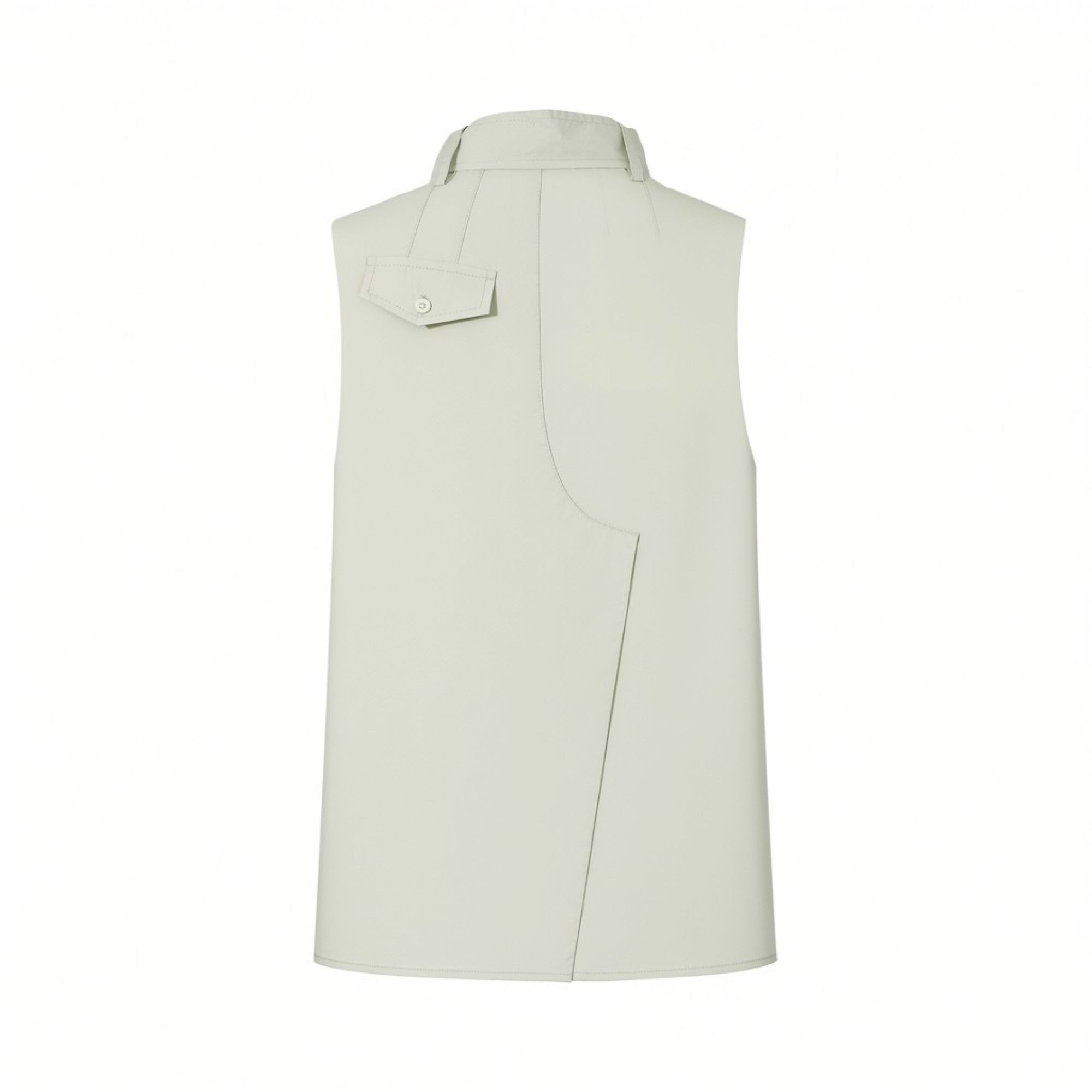 Back view of the Meimeij mint green sleeveless blouse highlighting the unique curved asymmetric wrap paneling and the small buttoned flap pocket detail.