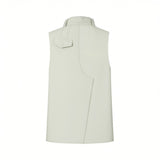 Back view of the Meimeij mint green sleeveless blouse highlighting the unique curved asymmetric wrap paneling and the small buttoned flap pocket detail.