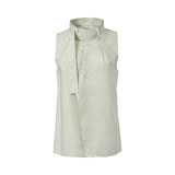Front studio presentation of the Meimeij sleeveless mint green blouse showcasing its high collar, integrated neck scarf, and overlapping buttoned front design.