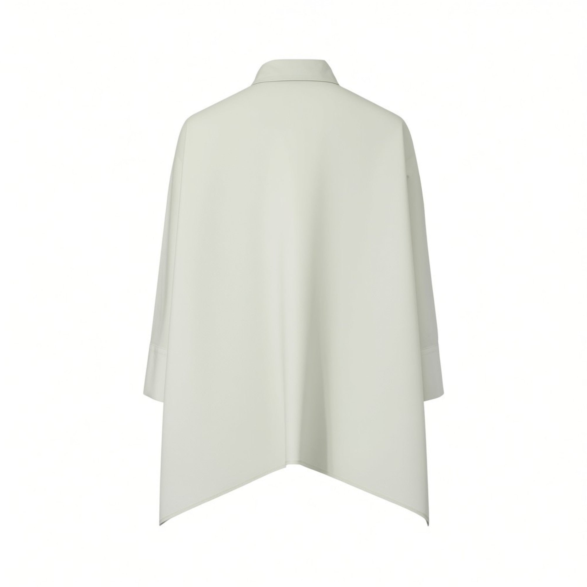 Back view of the Meimeij sage green blouse showcasing its fluid drape, relaxed shoulders, and the sharp pointed lines of the high-low hemline, available at BLUE SALON shop.