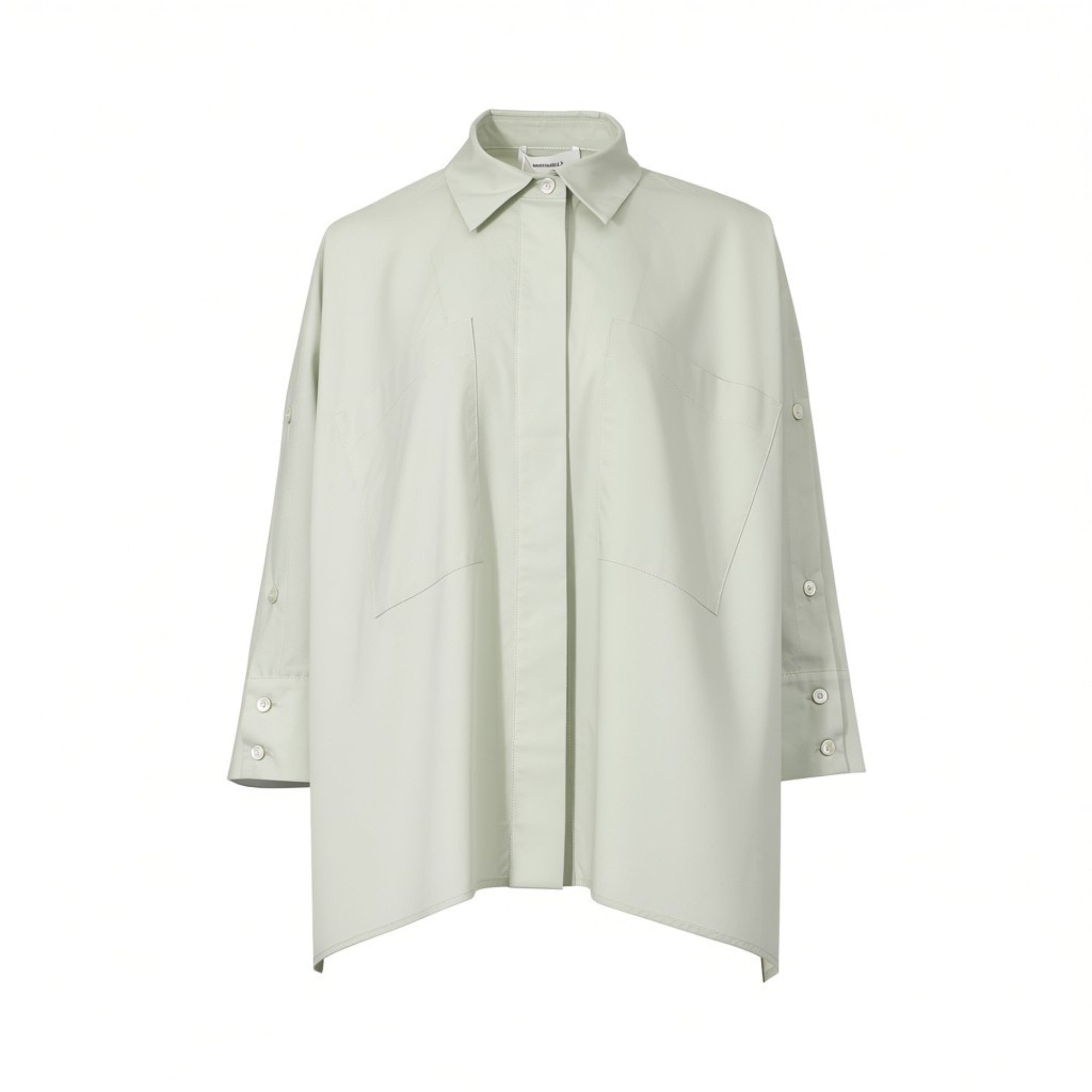 Front studio shot of the Meimeij women's oversized utility shirt in sage green, highlighting the large geometric pockets and hidden placket from BLUE SALON shop.