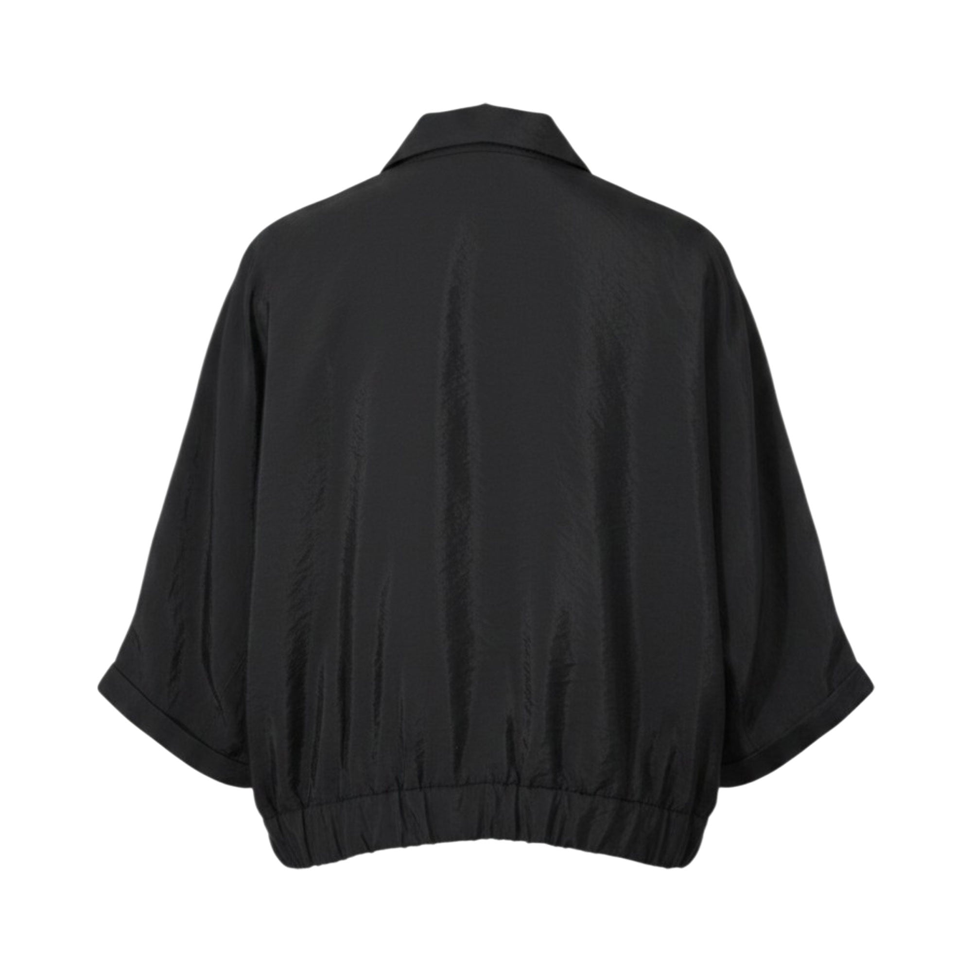 Back view of the Meimeij black blouse showcasing the fluid draped fabric, relaxed shoulders, and the gathered elastic hemline, available at BLUE SALON shop.