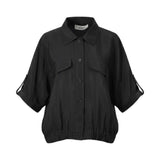 Front studio shot of a Meimeij women's short-sleeve button-down blouse in black featuring utility chest pockets and an elasticated waistband from BLUE SALON shop.