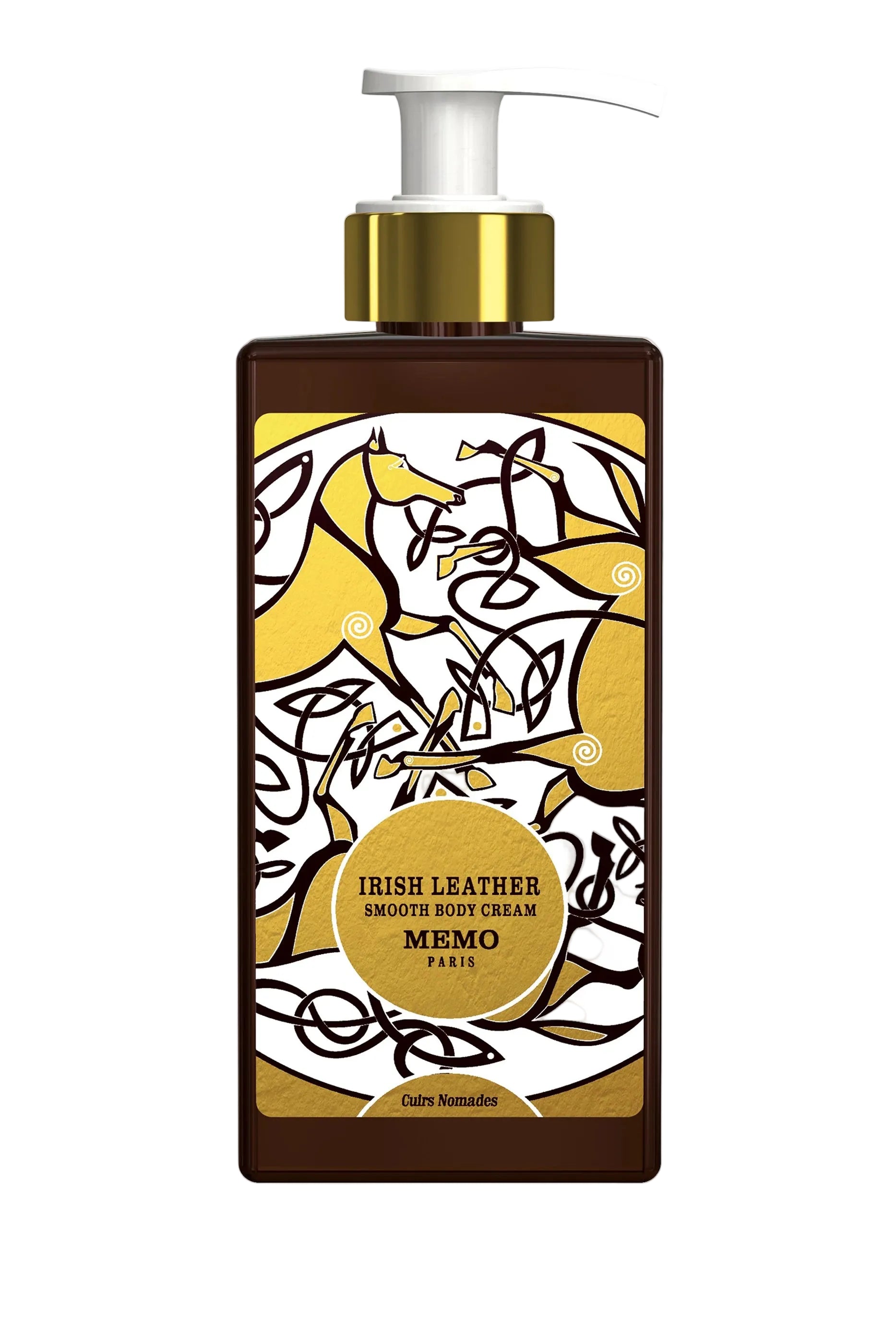 Memo Irish Leather Body Cream - 250ml Body cream bottle with gold and brown design on a white background