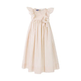 MiMiSol girl's occasion dress featuring a pleated bodice, ruffled flutter sleeves, and a large fabric flower detail at the waist against a white background.