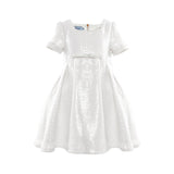 MiMiSol girls' white short-sleeved bouclé dress featuring shimmering sequins, an empire waist bow, and a pleated skirt against a white background.