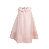 MiMiSol pale pink sleeveless organza dress for girls, featuring a Peter Pan collar with gold script embroidery and a thick band of pink sequins at the bottom hem.