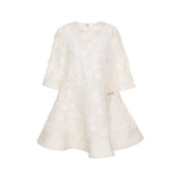 MiMiSol luxury cream lace dress for girls featuring 3D floral appliqués, a decorative bow at the neck, and a flared hem on a white background.