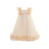 MiMiSol girl's dress made of shimmering wavy pleated fabric, featuring ruffled shoulder straps and a matching ruffled hem against a plain white background.