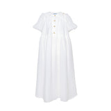 MiMiSol girl's dress with a ruffled Peter Pan collar, short puff sleeves, and three decorative gold buttons on the front, displayed against a white background.