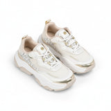 High-angle quarter view of a pair of kids' Michael Kors low-top sneakers, highlighting the clean, minimalist lines and subtle gold accents.