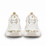Front-facing view of a pair of kids' off-white court trainers, showing clean white panels, white laces, and a sleek low-profile toe cap.