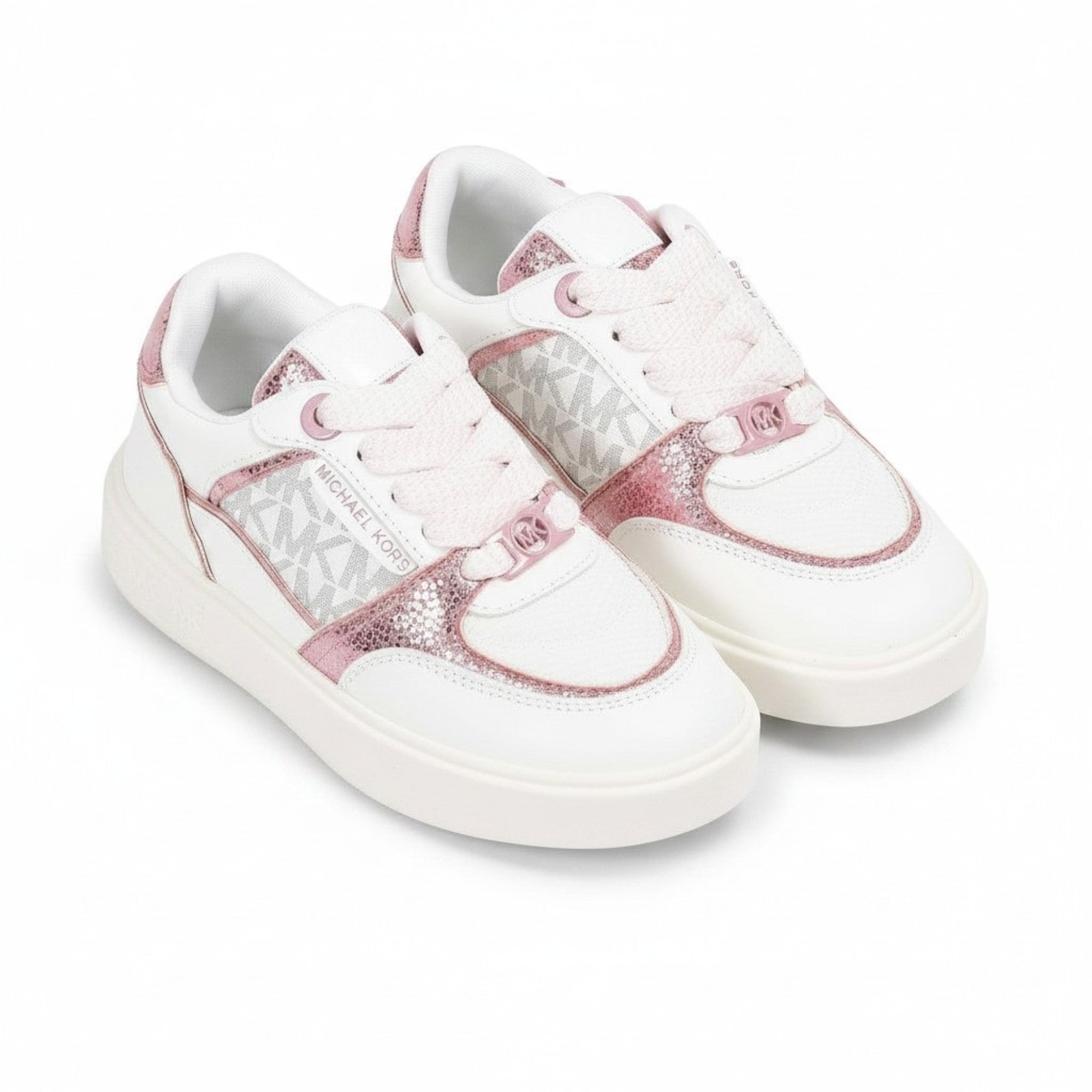 High-angle quarter view of a pair of Michael Kors platform trainers displaying the white leather base accented by textured rose pink metallic trims and printed Michael Kors branding on the side lace stays.