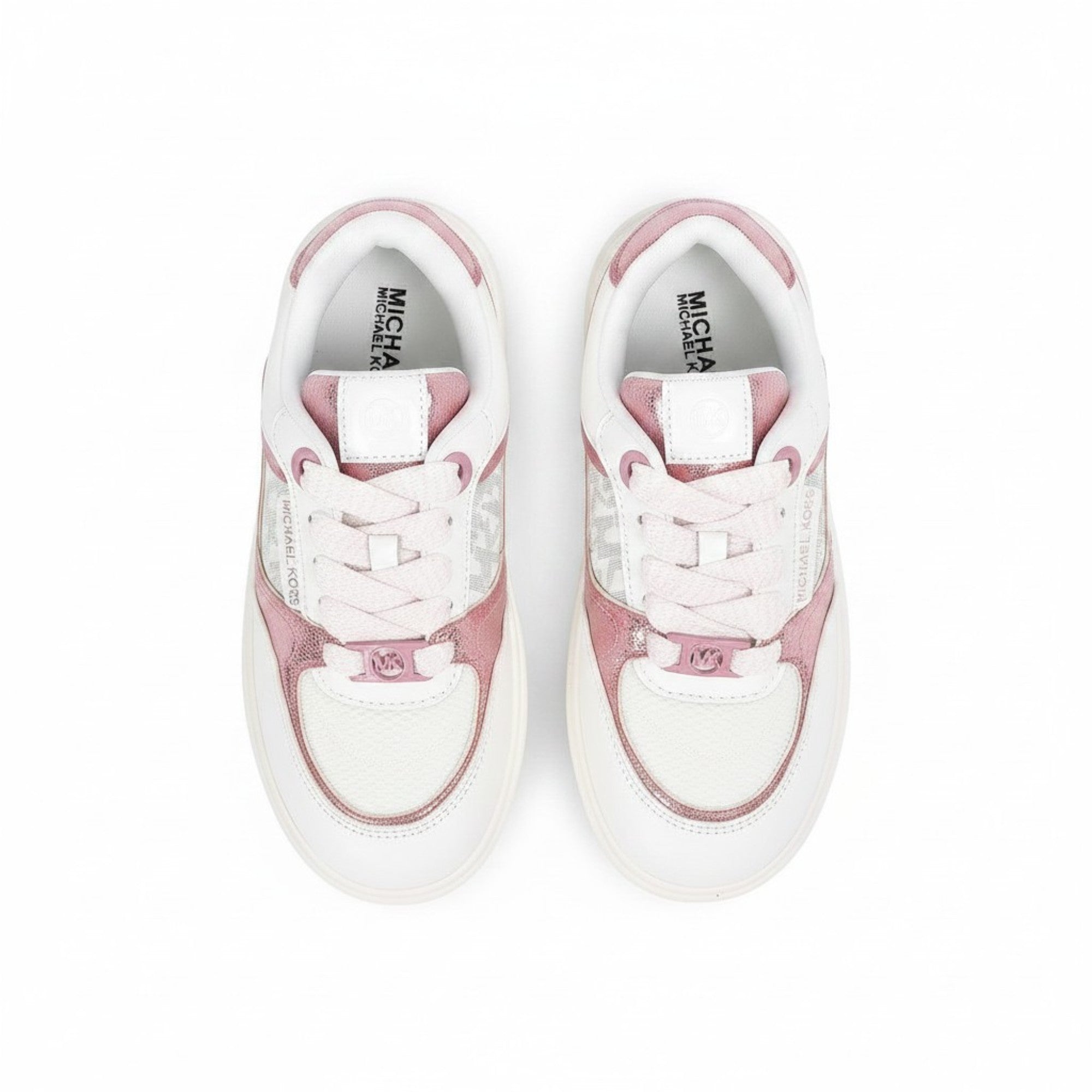 Bird's-eye overhead view of the inside and top of Michael Kors platform sneakers, showcasing the black printed logo on the inner soles, light pink laces, and a white tongue.