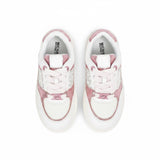 Bird's-eye overhead view of the inside and top of Michael Kors platform sneakers, showcasing the black printed logo on the inner soles, light pink laces, and a white tongue.