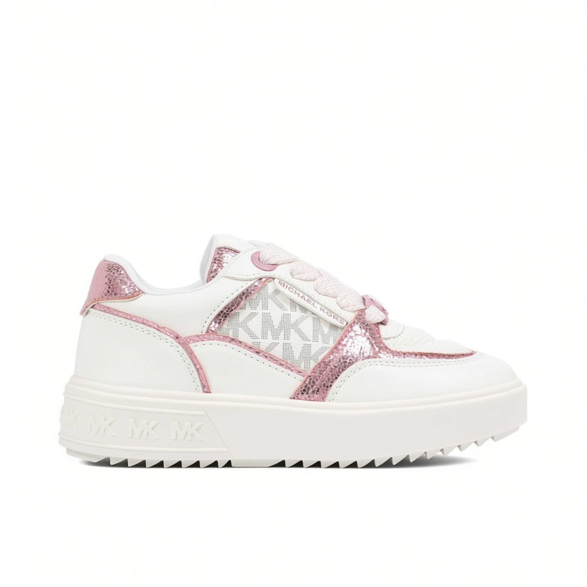 Side profile view of a white Michael Kors low-top sneaker featuring a thick platform sole, woven MK monogram fabric side panels, and shimmery metallic pink leather trim overlays.