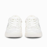 Straight front-facing view of a pair of kids' white and grey trainers, highlighting a breathable mesh toe box, clean white laces, and a circular metallic MK logo on the tongues.