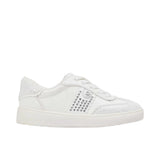 Side profile view of a kids' white and grey Michael Kors sneaker showcasing a sculpted athletic midsole, geometric panel overlays, and shimmering crystal-embellished side panels.
