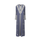 Front view of a Mijade Fashion long-sleeved kaftan in slate blue featuring cream geometric embroidery on the chest, cuffs, and skirt.
