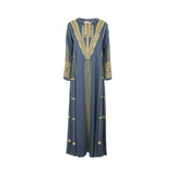 Front view of a Mijade Fashion lavender grey Jalabiya featuring intricate gold embroidery on the V-neck, cuffs, and skirt.