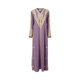 Front view of a Mijade Fashion lavender purple Jalabiya featuring intricate gold embroidery on the V-neck, cuffs, and skirt.