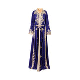 Front view of a Mijade Fashion royal blue Moroccan Takchita kaftan featuring intricate gold embroidery on the chest, sleeves, and hem, including a matching gold-buckled belt.