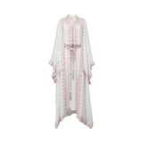 Front view of a Mijade Fashion white chiffon kaftan set featuring mauve floral embroidery on the borders and a braided tassel belt.