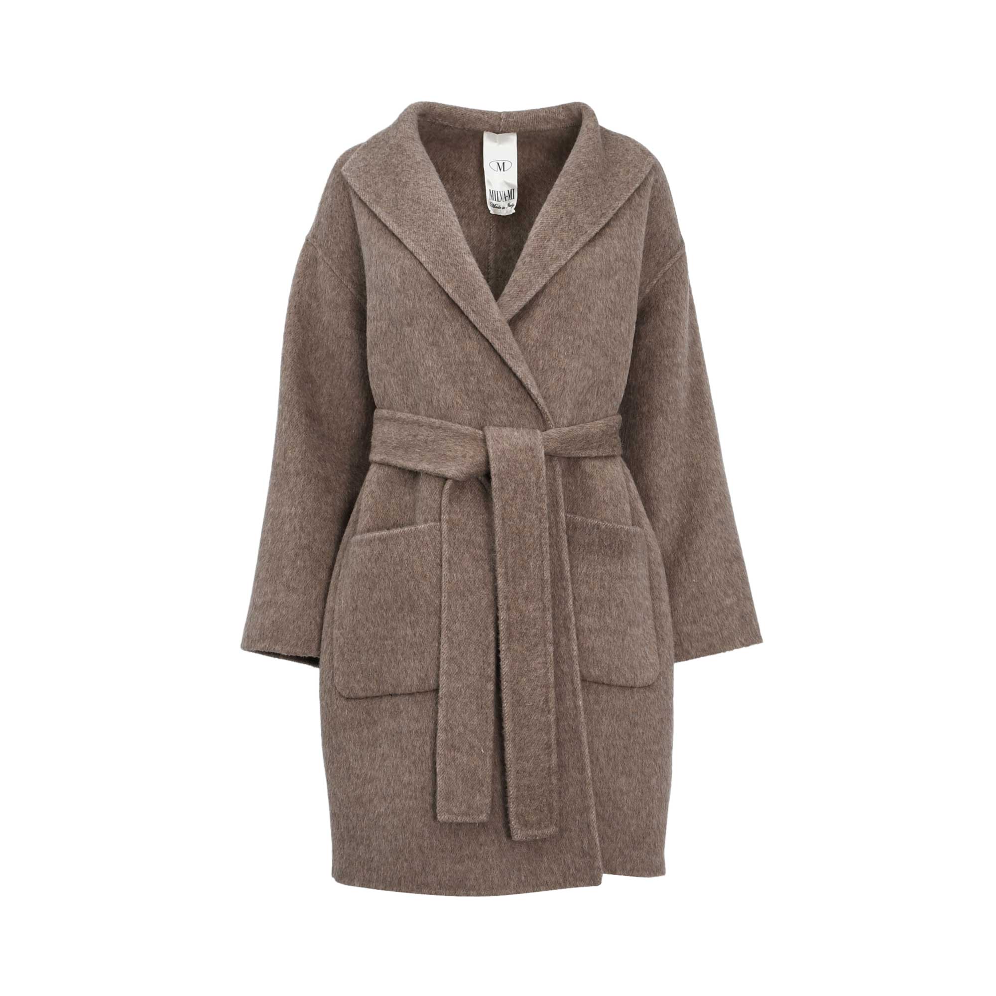 Milva Mi Women's Taupe Wool Belted Coat with Shawl Collar — Available Online Today