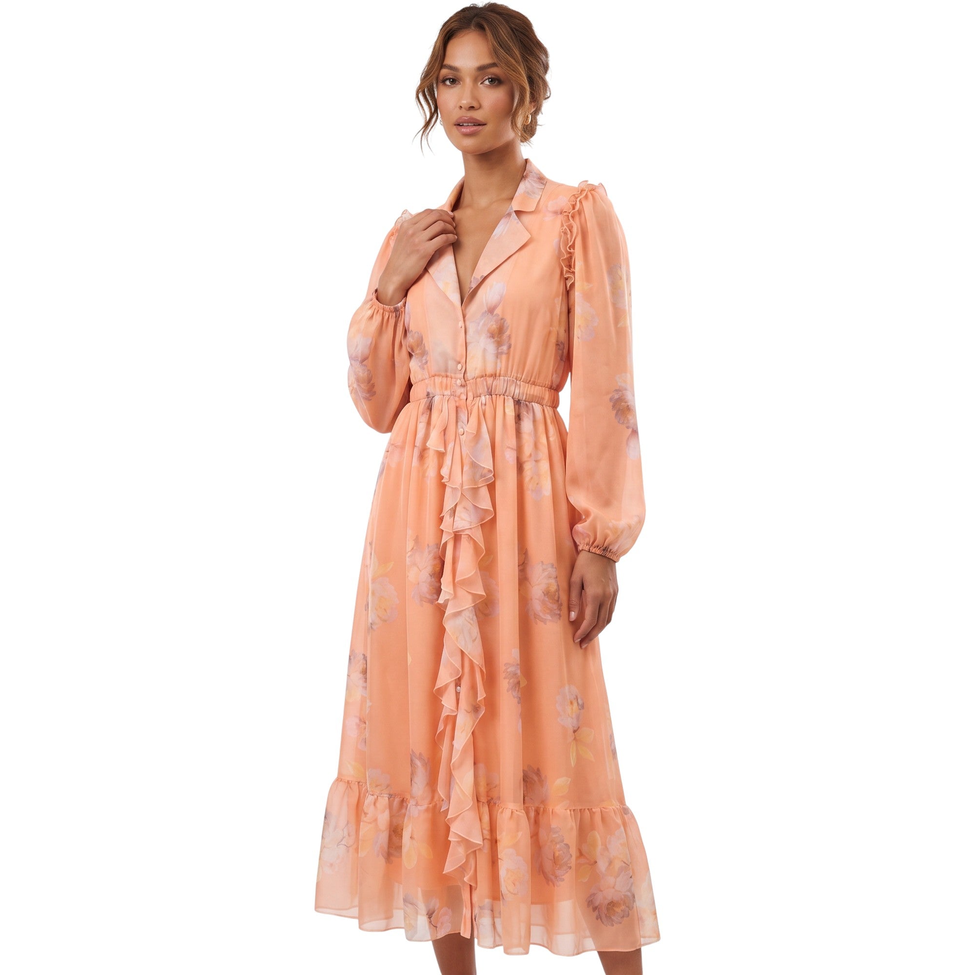 Studio shot of a model wearing the orange Milva Mi ruffled floral chiffon dress, showcasing its long blouson sleeves and open notched collar.
