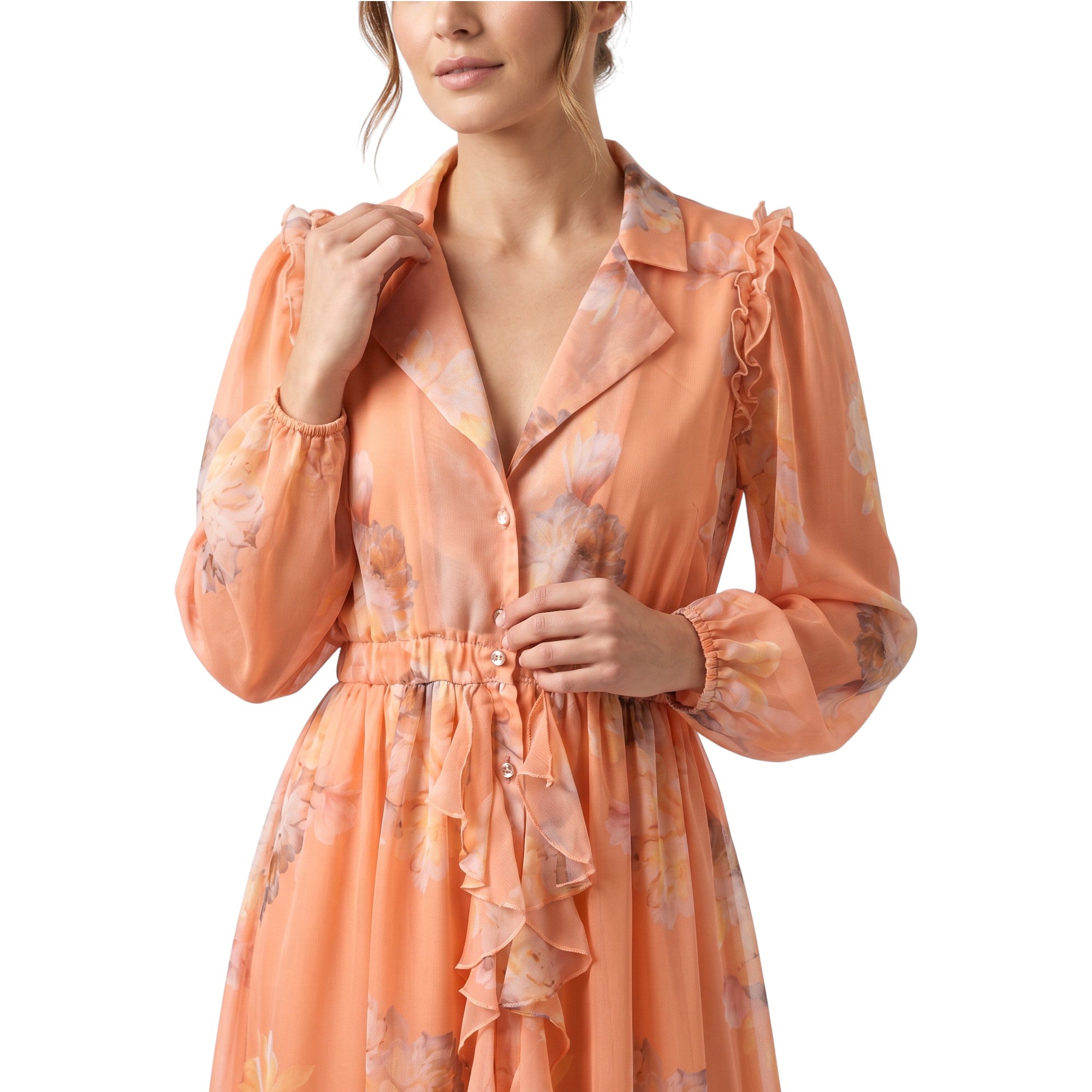 Studio shot of a model wearing the orange Milva Mi ruffled floral chiffon dress, showcasing its long blouson sleeves and open notched collar.
