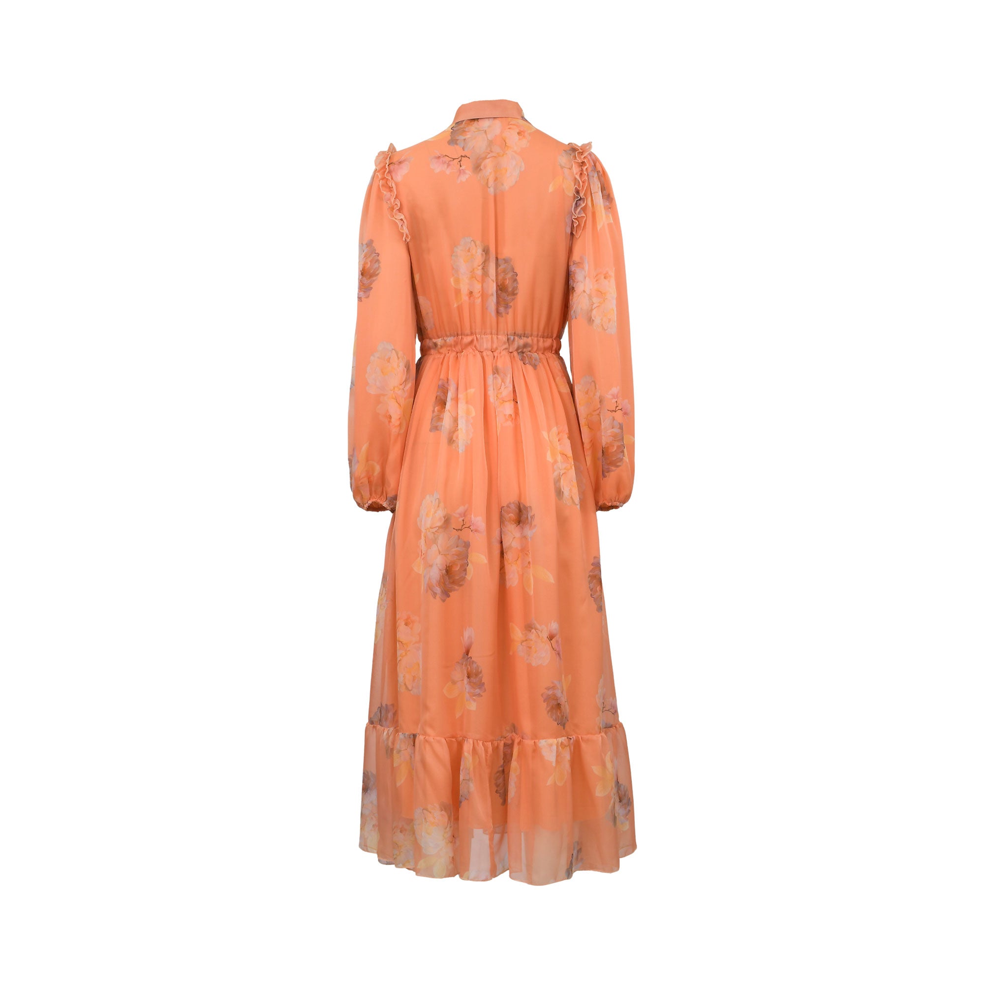 Back studio shot of the orange Milva Mi floral print maxi dress, highlighting its clean elasticated waistline and gathered tiered hem.