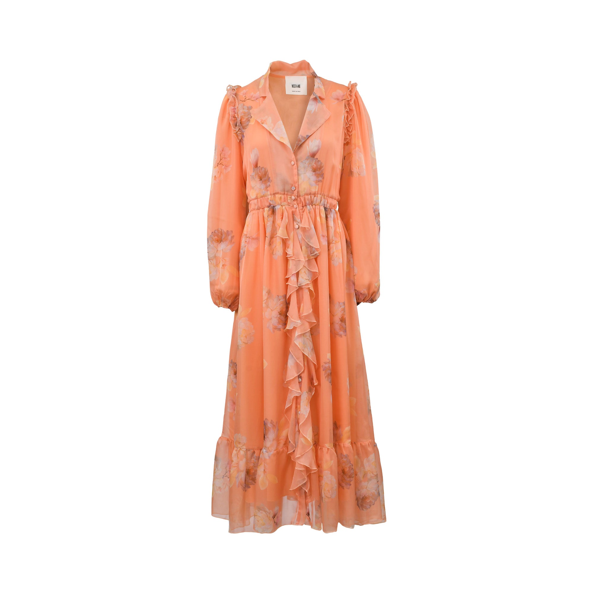 Front studio shot of an apricot orange Milva Mi chiffon maxi dress featuring a watercolor floral print and a central cascaded ruffle.