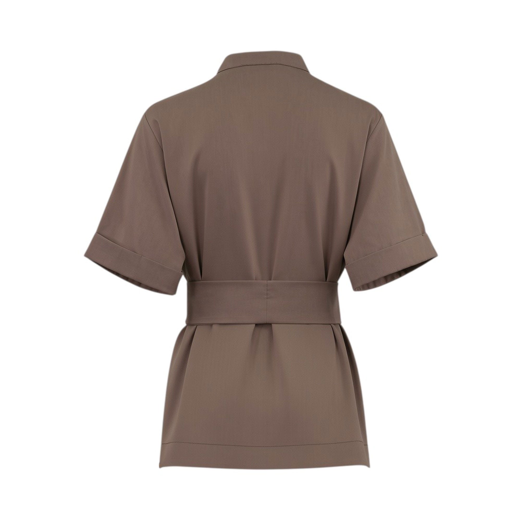 Back studio shot of the brown Milva Mi tailored blouse styled with the matching fabric waist belt, showcasing the clean, gathered silhouette at the lower hem.