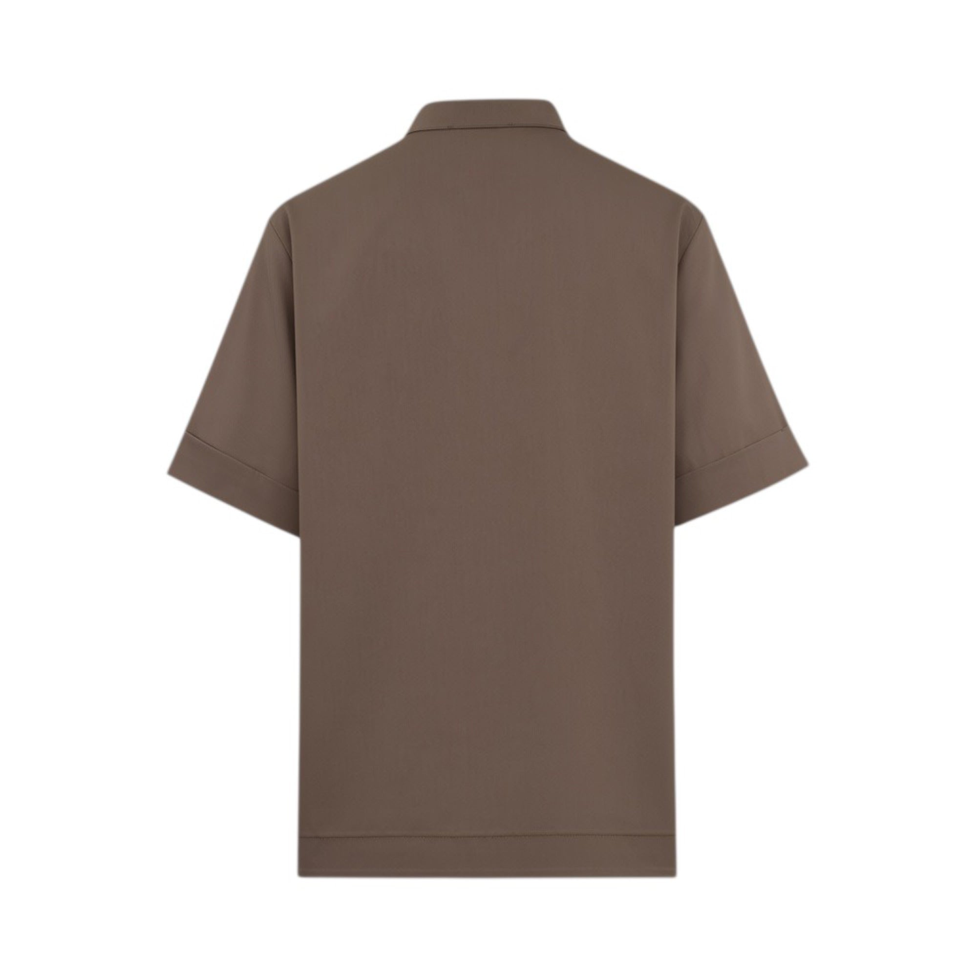 Back studio shot of the brown Milva Mi short-sleeve blouse shown without the belt, highlighting the clean, boxy tailoring and structured cuffs.