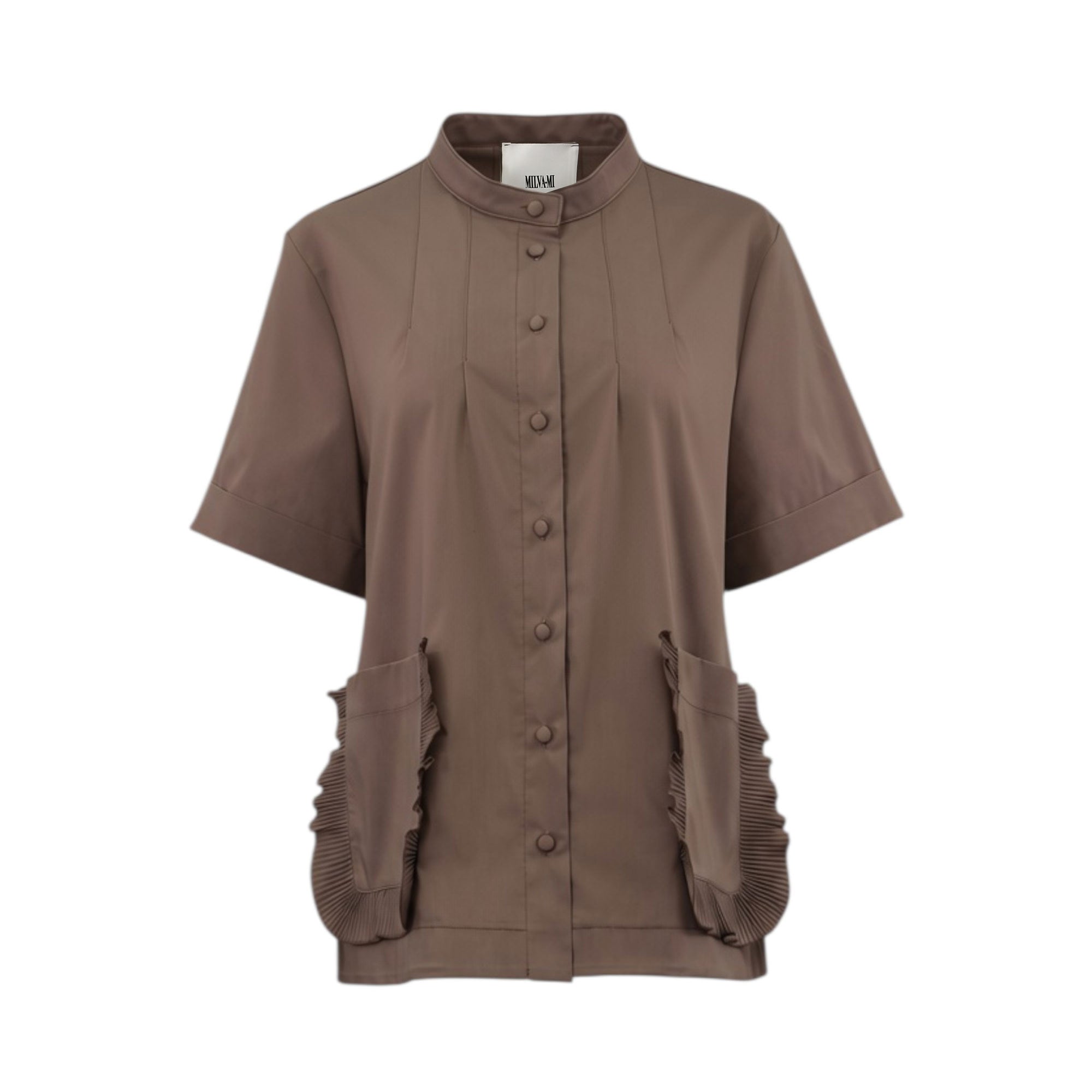 Front studio shot of the brown Milva Mi short-sleeve blouse shown unbelted, emphasizing the mandarin collar, covered button placket, and side ruffled pockets.