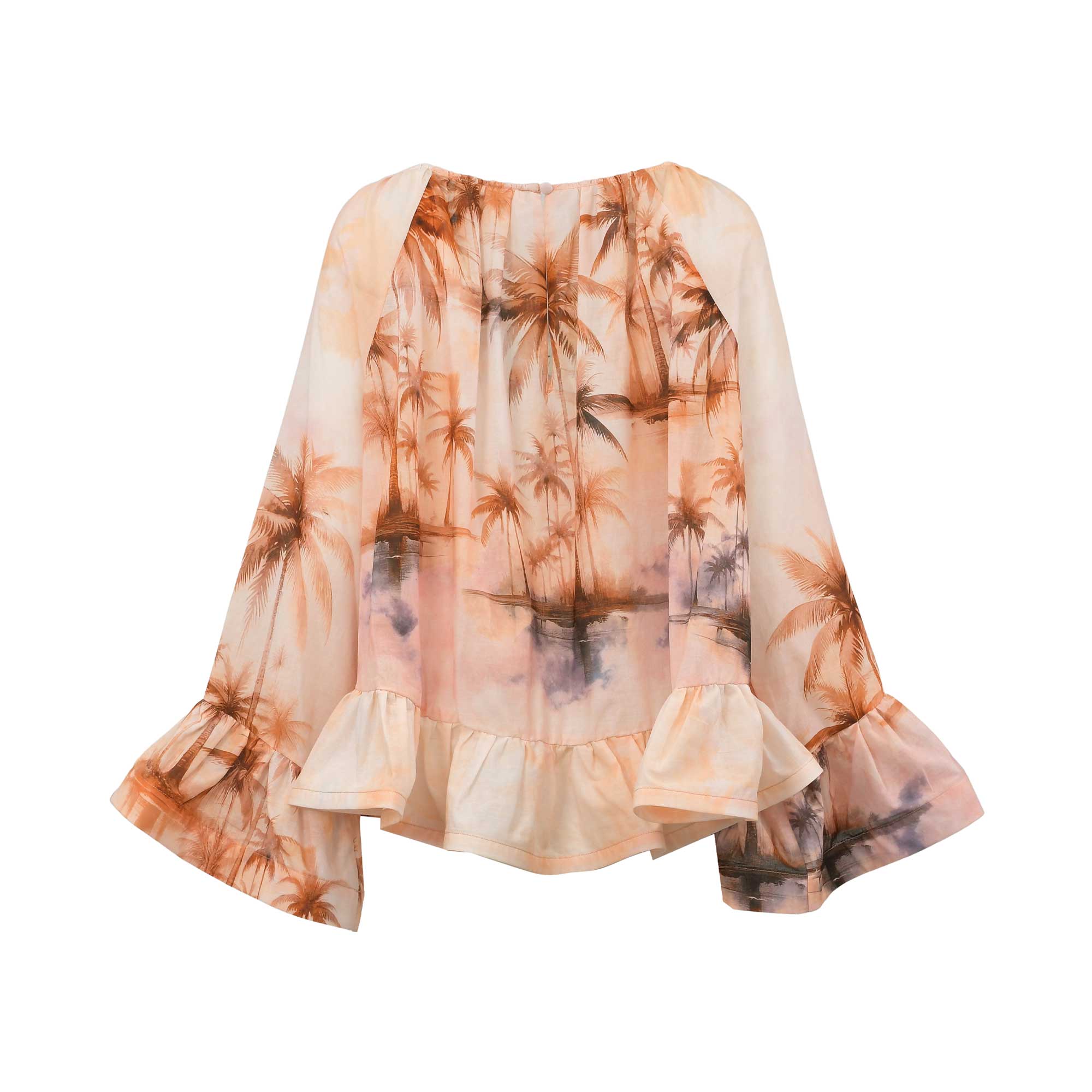 Back studio shot of the peach Milva Mi chiffon blouse shown unbelted, emphasizing the raglan seams, gathered neckline, and keyhole top closure.